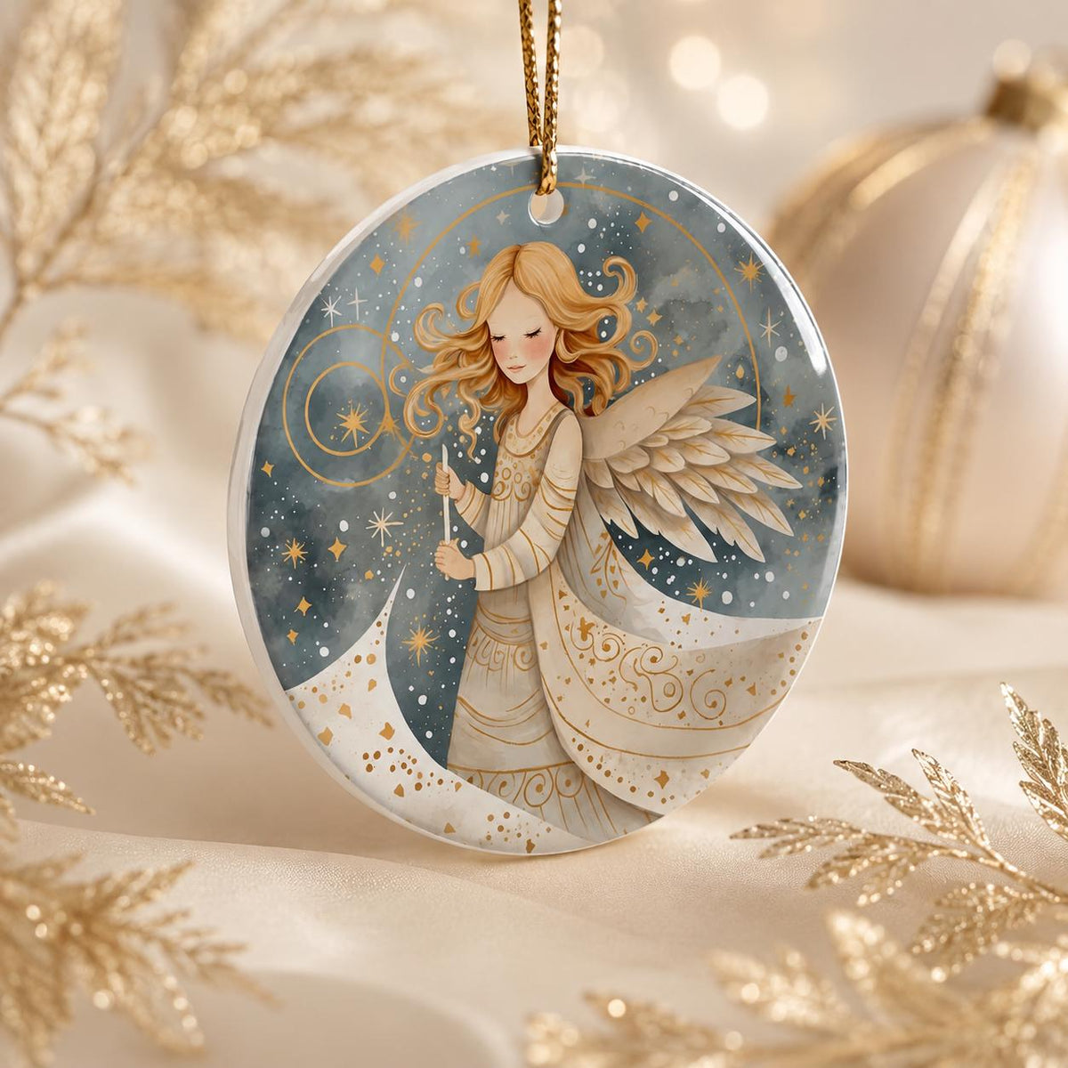 Celestial Angel Ornament, Ceramic Christmas Keepsake, Gold Star Heavenly Holiday Decor