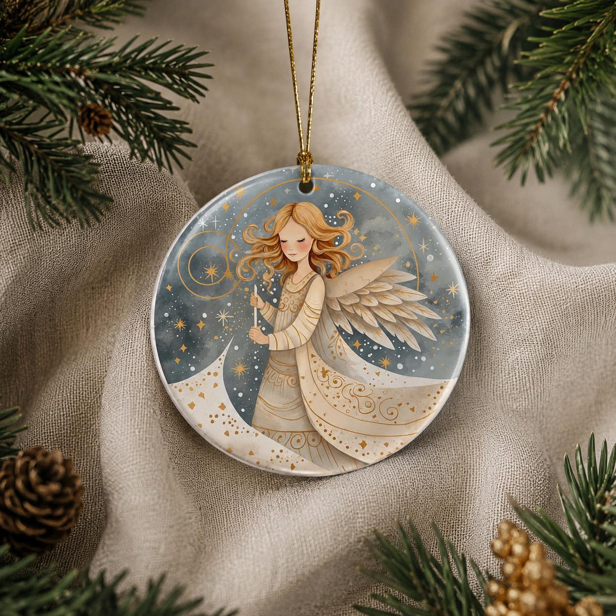 Celestial Angel Ornament, Ceramic Christmas Keepsake, Gold Star Heavenly Holiday Decor