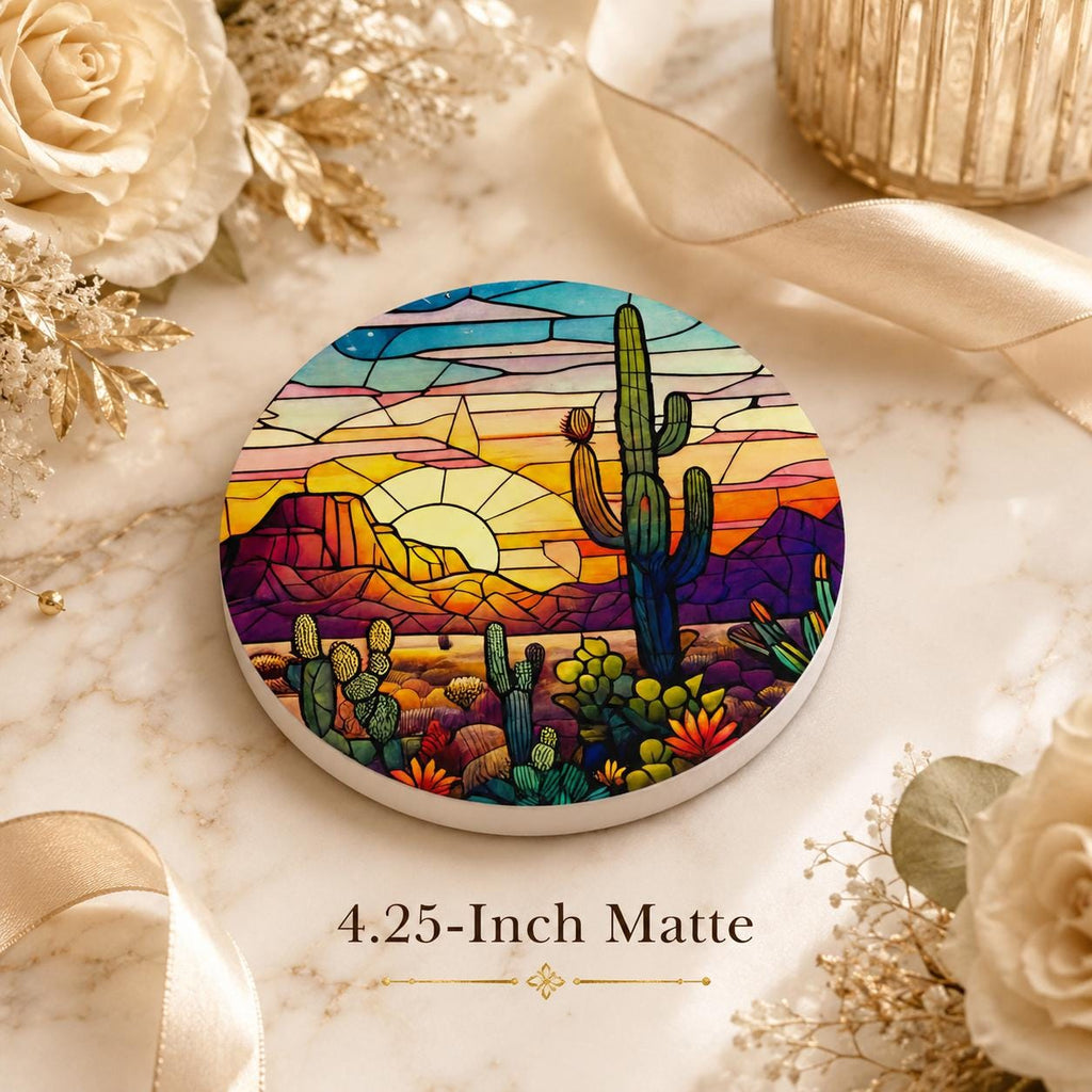 Desert Sunset Ceramic Coaster, Cactus Drink Mat, Leaded-Glass-Inspired Southwest Decor