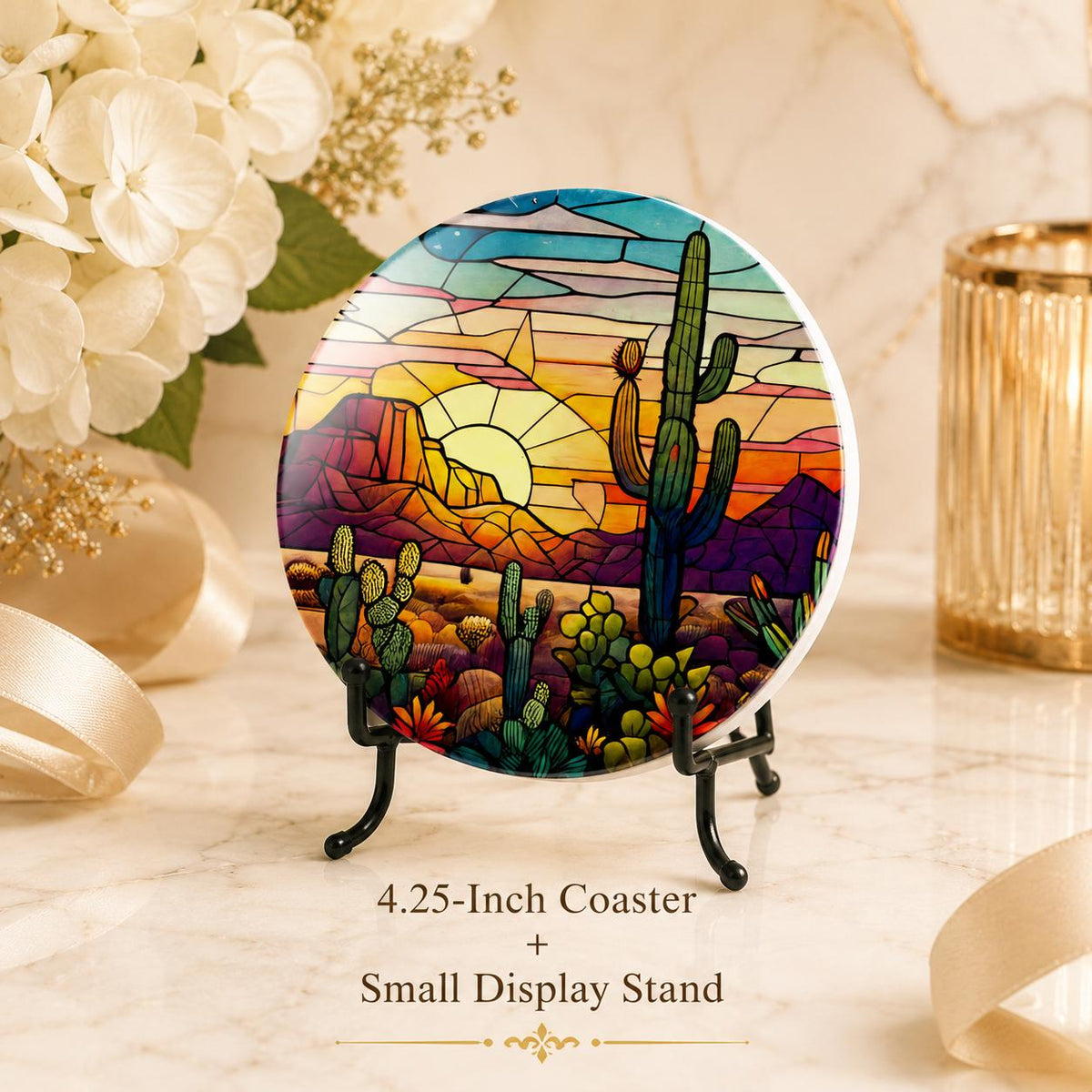 Desert Sunset Ceramic Coaster, Cactus Drink Mat, Leaded-Glass-Inspired Southwest Decor