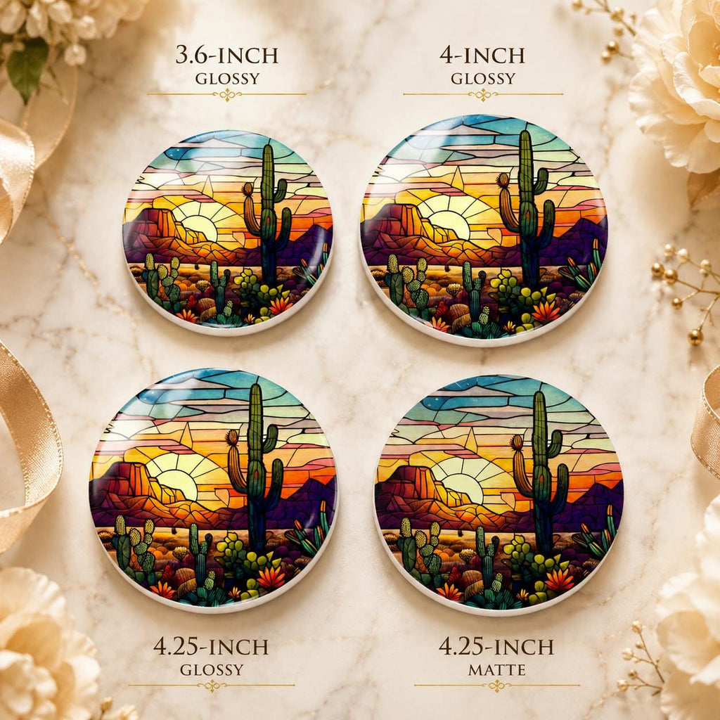 Desert Sunset Ceramic Coaster, Cactus Drink Mat, Leaded-Glass-Inspired Southwest Decor