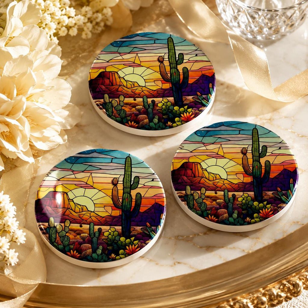 Desert Sunset Ceramic Coaster, Cactus Drink Mat, Leaded-Glass-Inspired Southwest Decor
