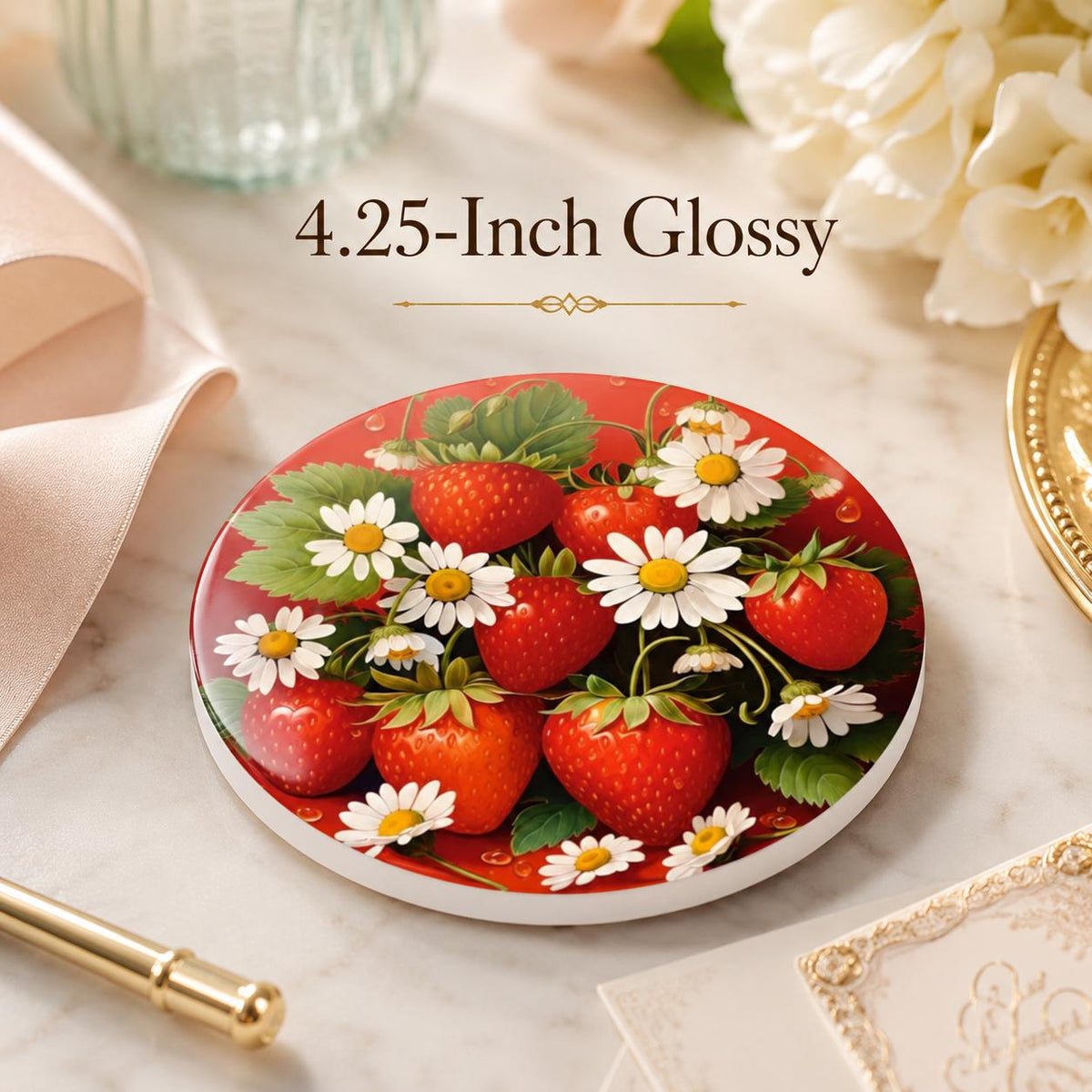Strawberry Daisy Ceramic Coaster, Round Fruit Drink Mat, Cottage Kitchen Decor