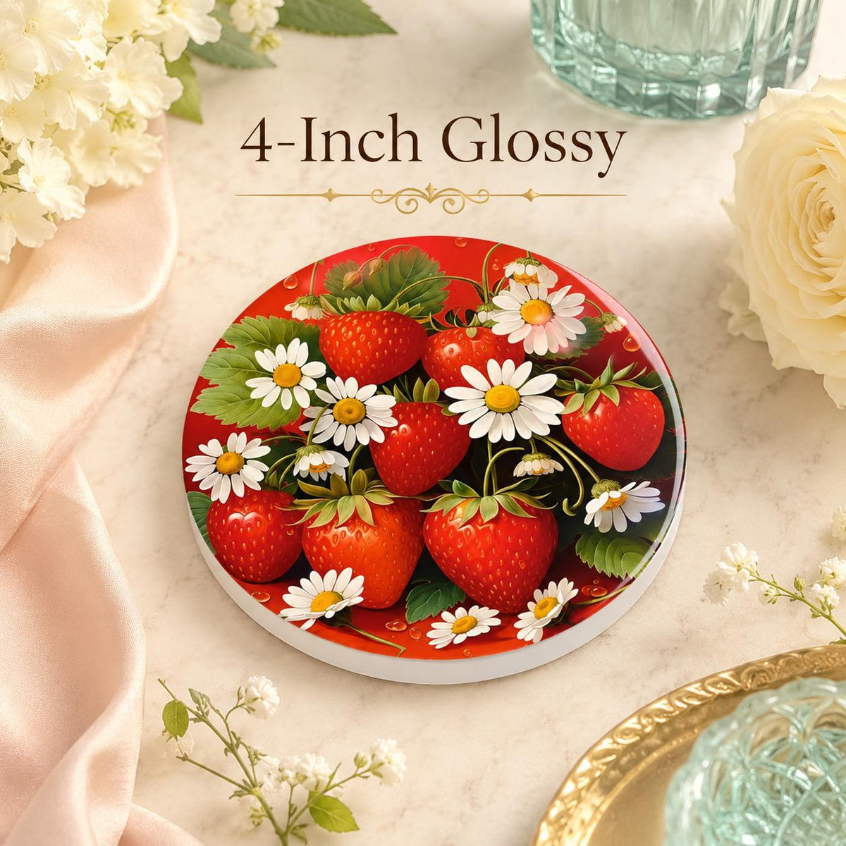 Strawberry Daisy Ceramic Coaster, Round Fruit Drink Mat, Cottage Kitchen Decor