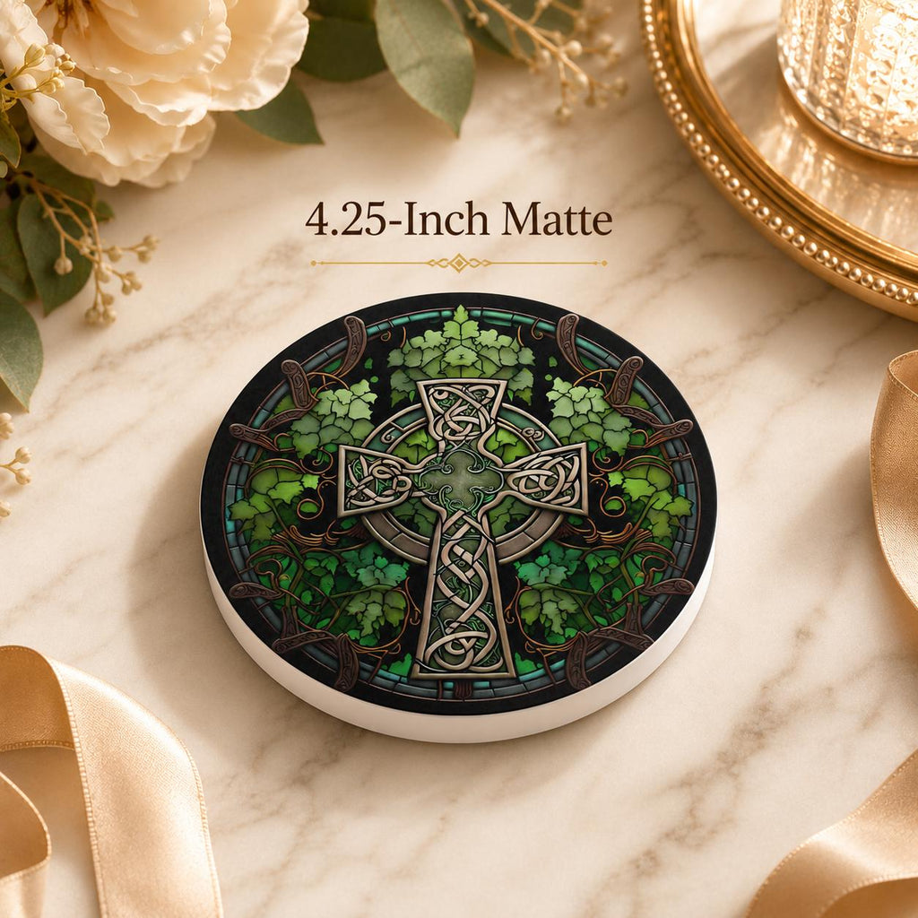 Celtic Cross Ceramic Coaster, Irish Shamrock Drink Mat, Green Botanical Table Decor