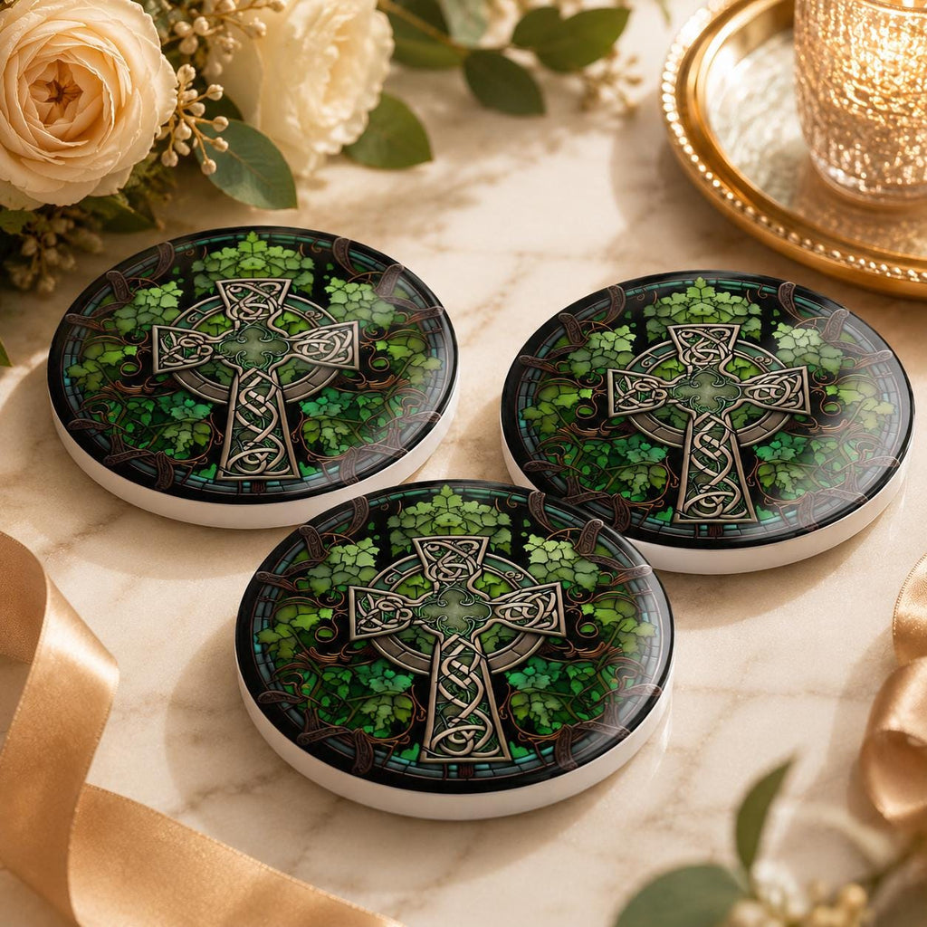 Celtic Cross Ceramic Coaster, Irish Shamrock Drink Mat, Green Botanical Table Decor