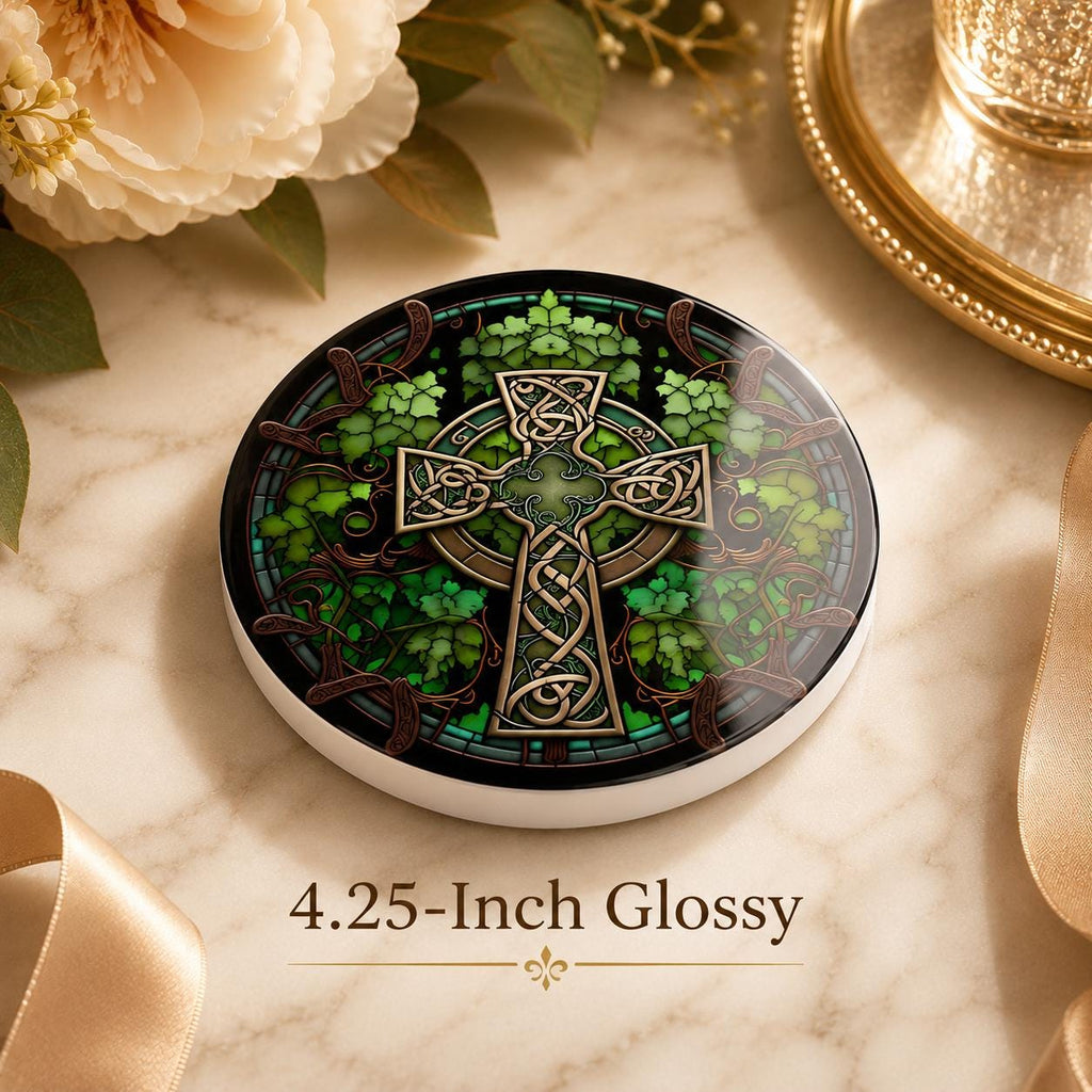 Celtic Cross Ceramic Coaster, Irish Shamrock Drink Mat, Green Botanical Table Decor