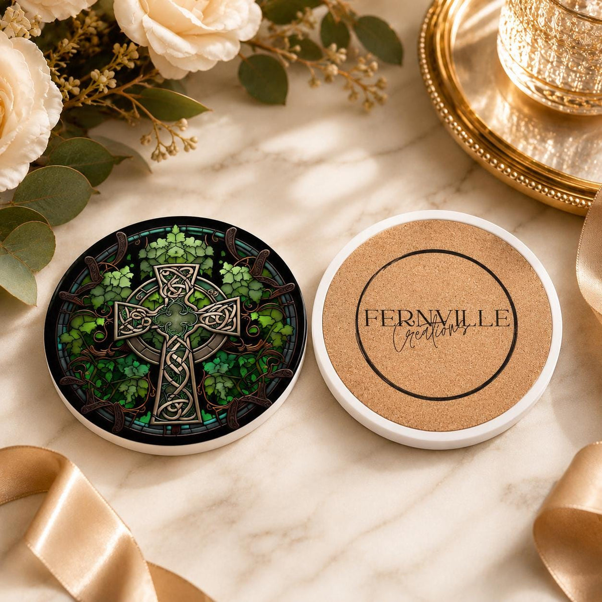 Celtic Cross Ceramic Coaster, Irish Shamrock Drink Mat, Green Botanical Table Decor