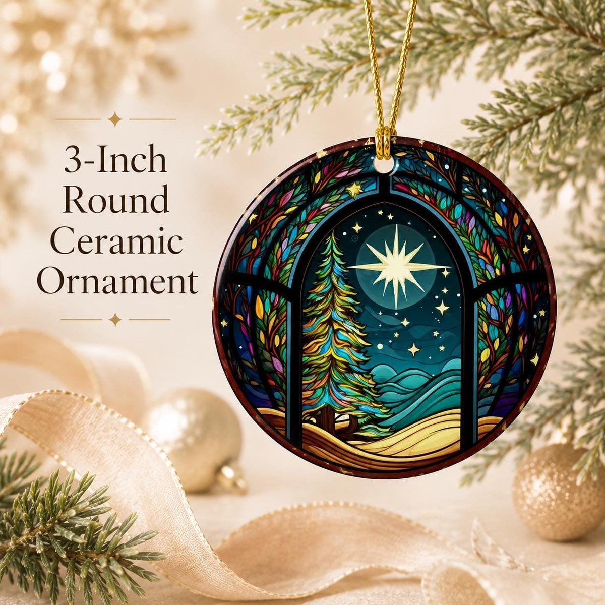 Starry Winter Ceramic Ornament, Leaded Glass Inspired Holiday Keepsake