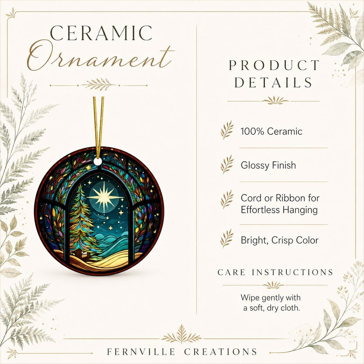 Starry Winter Ceramic Ornament, Leaded Glass Inspired Holiday Keepsake
