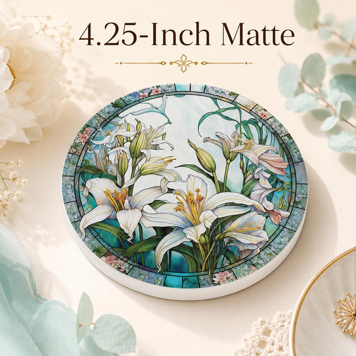 White Lily Ceramic Coaster, Round Floral Drink Mat, Botanical Garden Decor