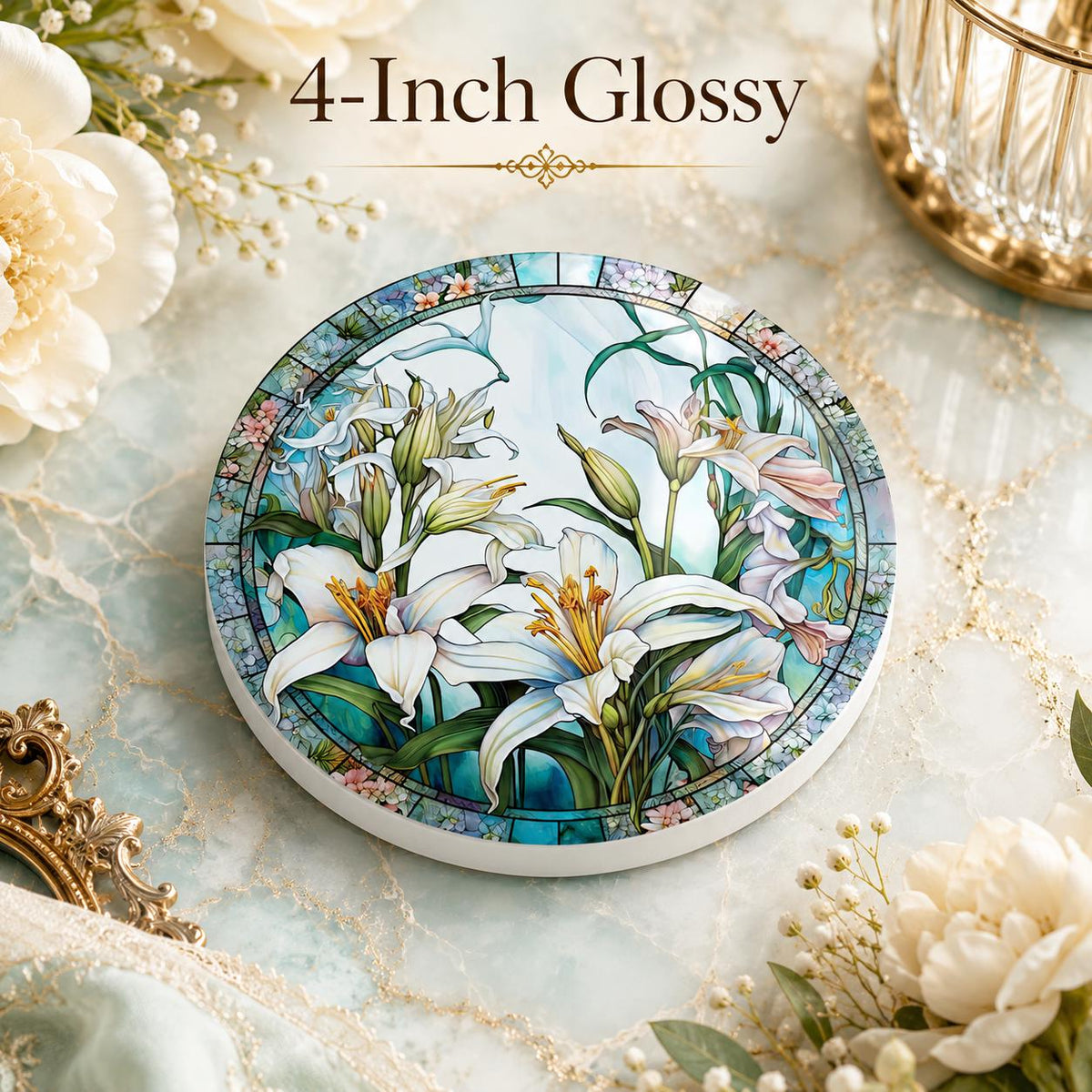 White Lily Ceramic Coaster, Round Floral Drink Mat, Botanical Garden Decor