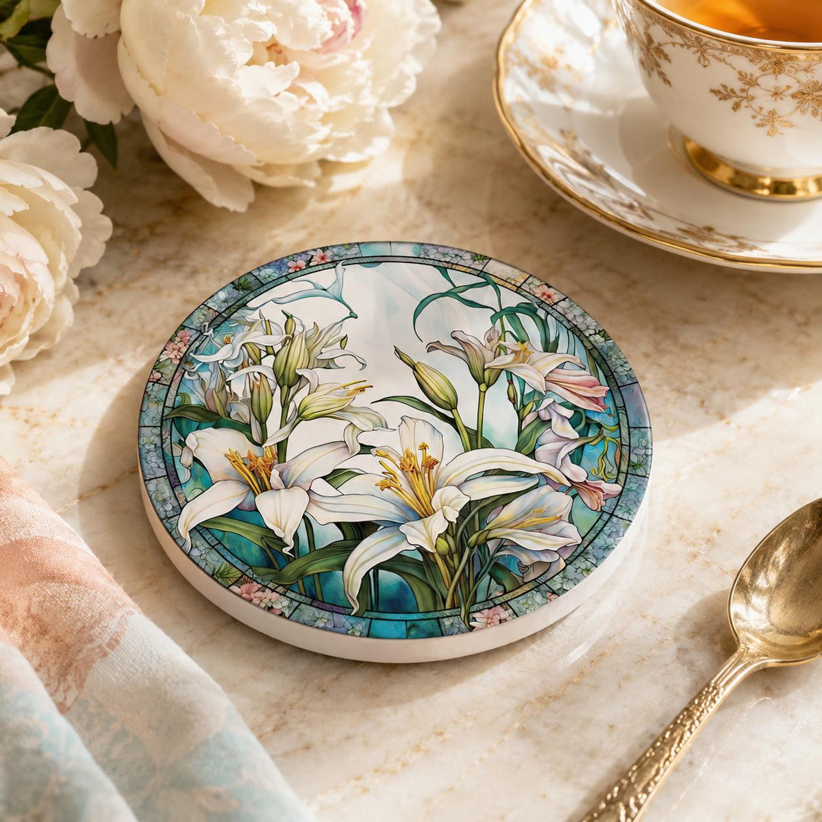 White Lily Ceramic Coaster, Round Floral Drink Mat, Botanical Garden Decor