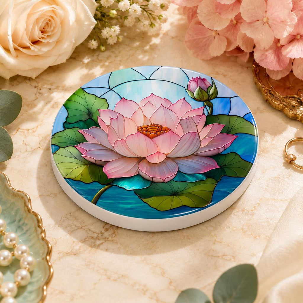 Lotus Lily Ceramic Coaster, Round Botanical Drink Mat, Spa Garden Decor