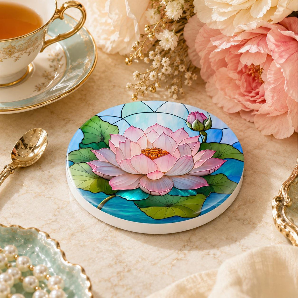 Lotus Lily Ceramic Coaster, Round Botanical Drink Mat, Spa Garden Decor