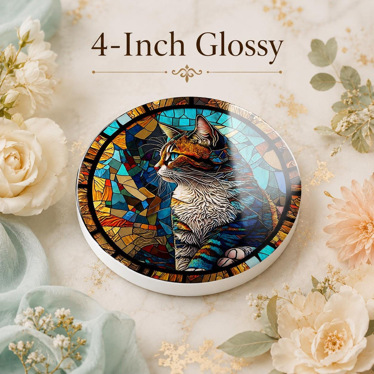 Cat Mosaic Look Ceramic Coaster, Round Pet Drink Mat, Colorful Feline Decor