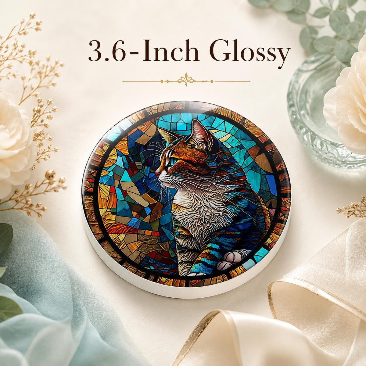 Cat Mosaic Look Ceramic Coaster, Round Pet Drink Mat, Colorful Feline Decor