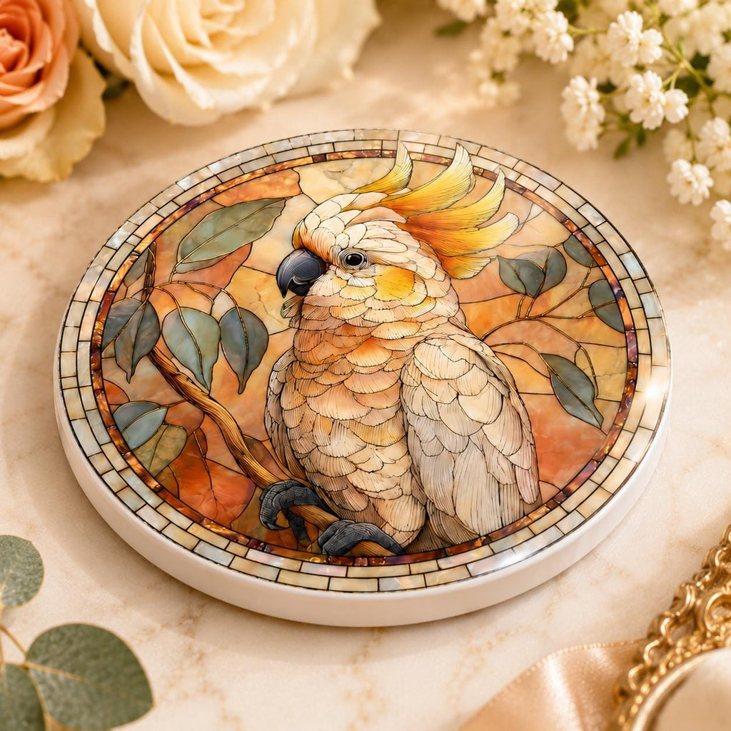 Cockatoo Ceramic Coaster, Bird Lover Gift, Leaded-Glass-Inspired Parrot Drink Mat