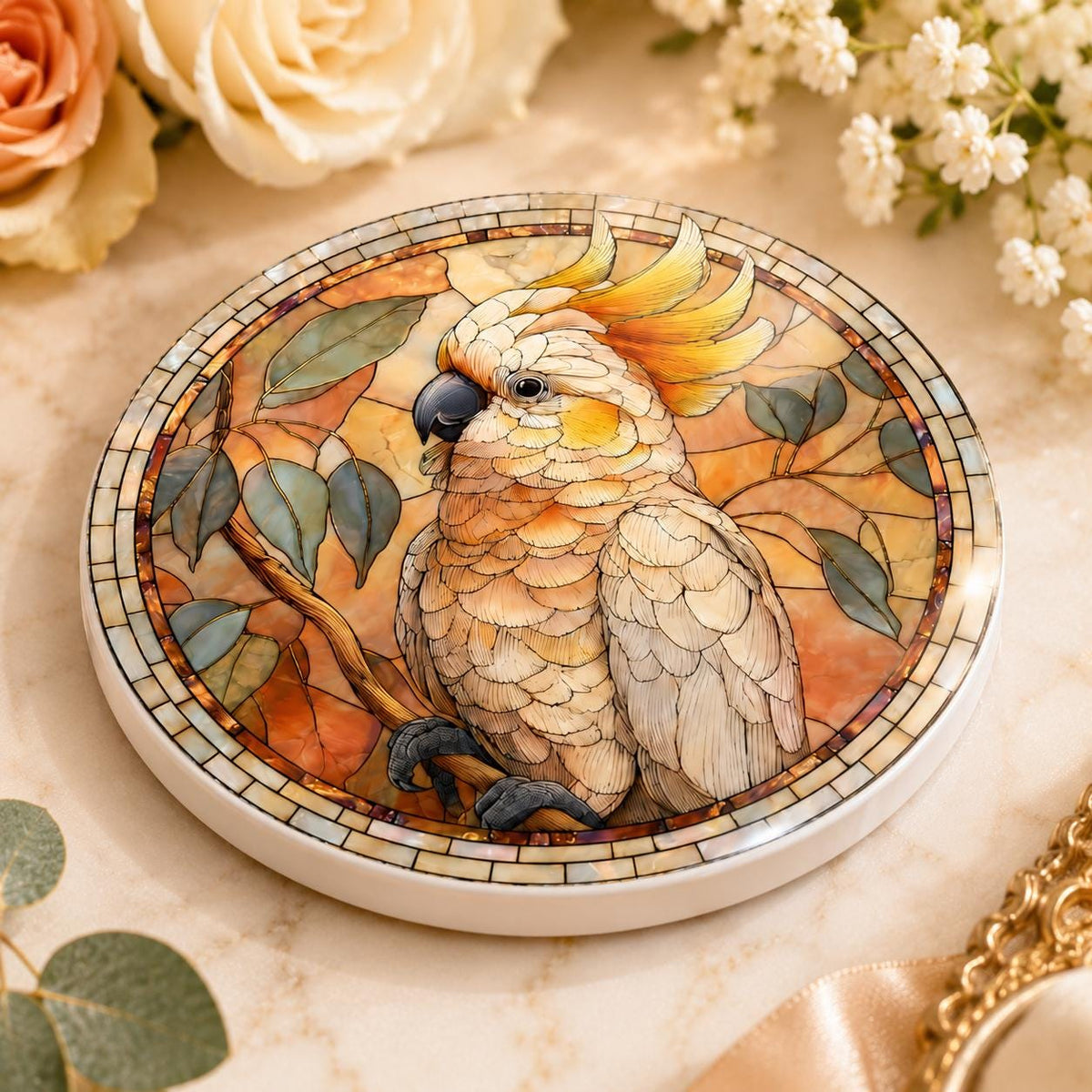 Cockatoo Ceramic Coaster, Bird Lover Gift, Leaded-Glass-Inspired Parrot Drink Mat