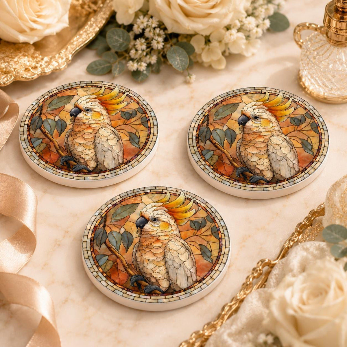 Cockatoo Ceramic Coaster, Bird Lover Gift, Leaded-Glass-Inspired Parrot Drink Mat
