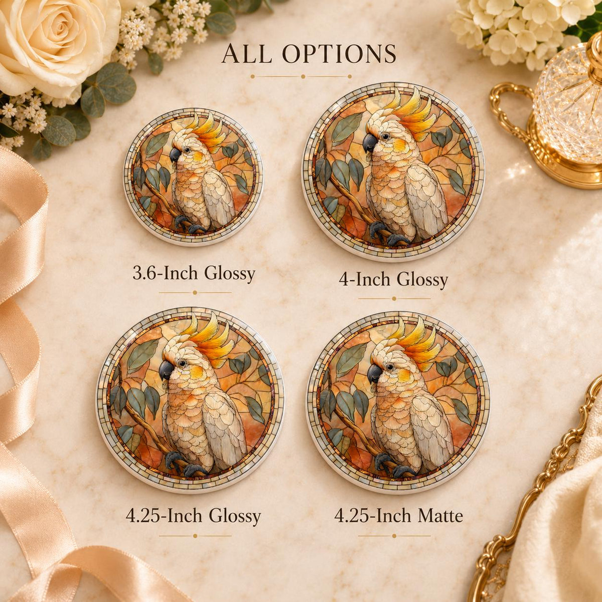 Cockatoo Ceramic Coaster, Bird Lover Gift, Leaded-Glass-Inspired Parrot Drink Mat