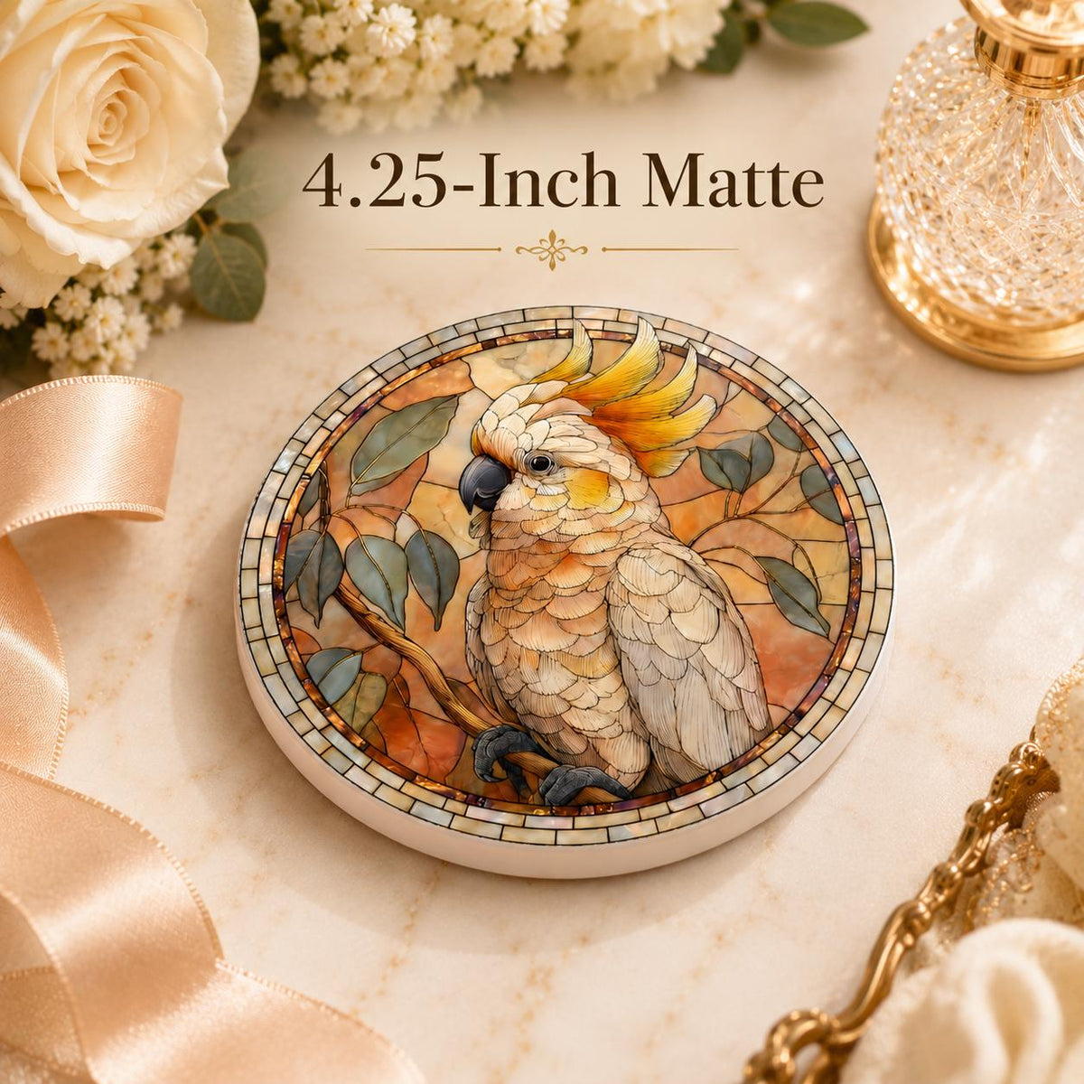 Cockatoo Ceramic Coaster, Bird Lover Gift, Leaded-Glass-Inspired Parrot Drink Mat
