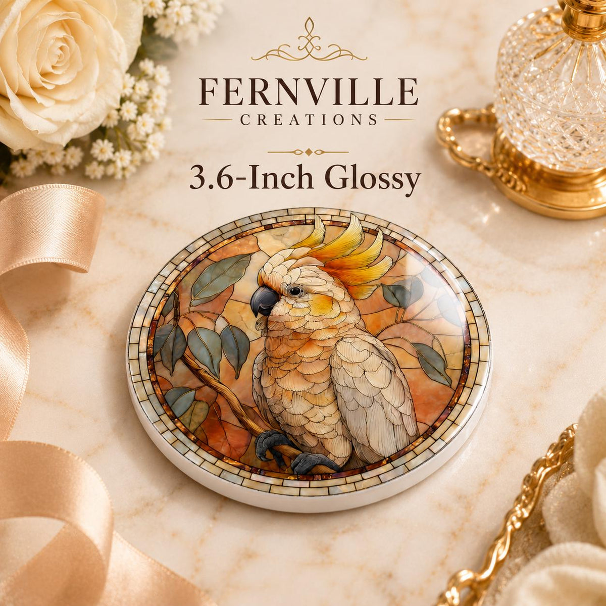Cockatoo Ceramic Coaster, Bird Lover Gift, Leaded-Glass-Inspired Parrot Drink Mat