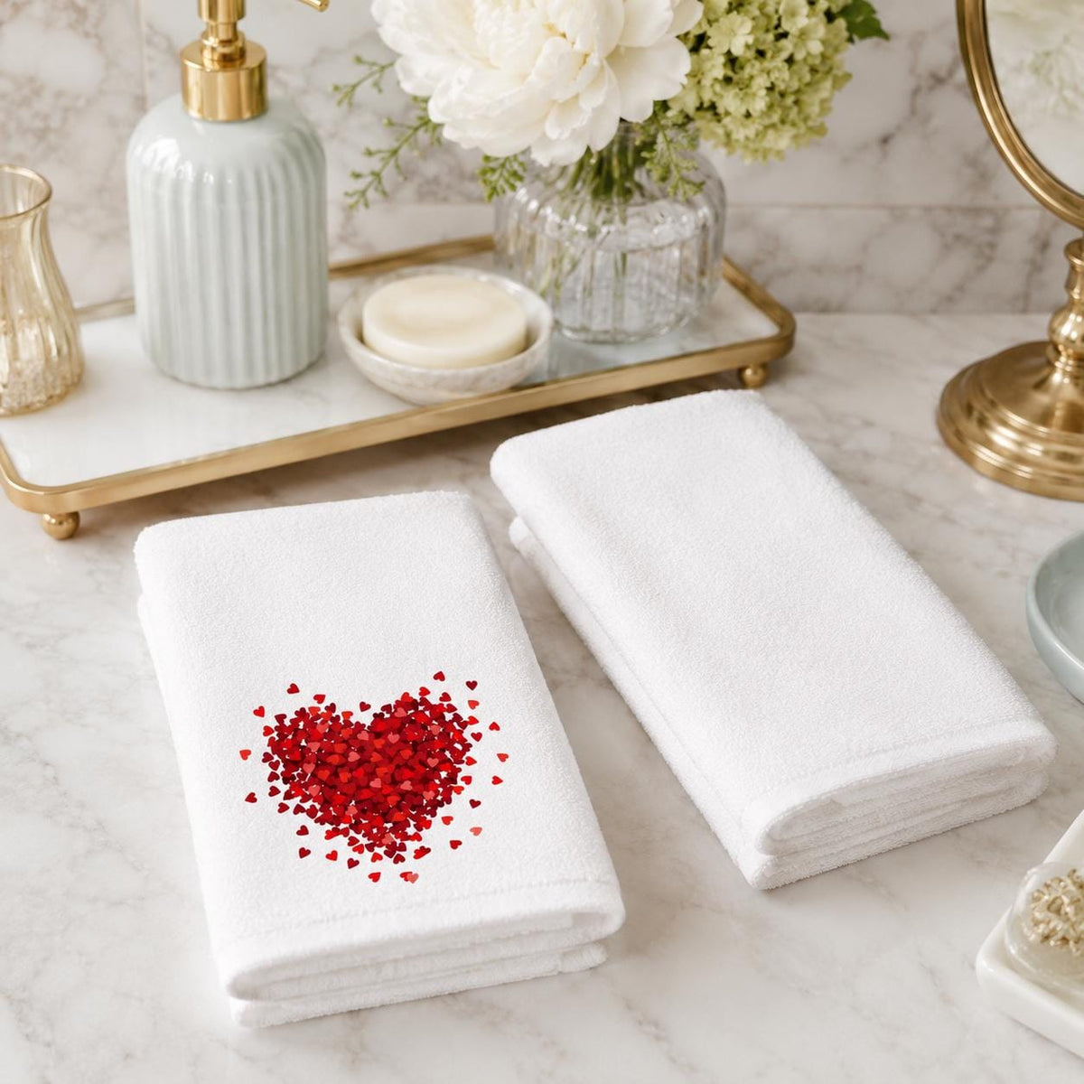 Red Heart Hand Towel, Valentine Bathroom Decor, White Romantic Accent