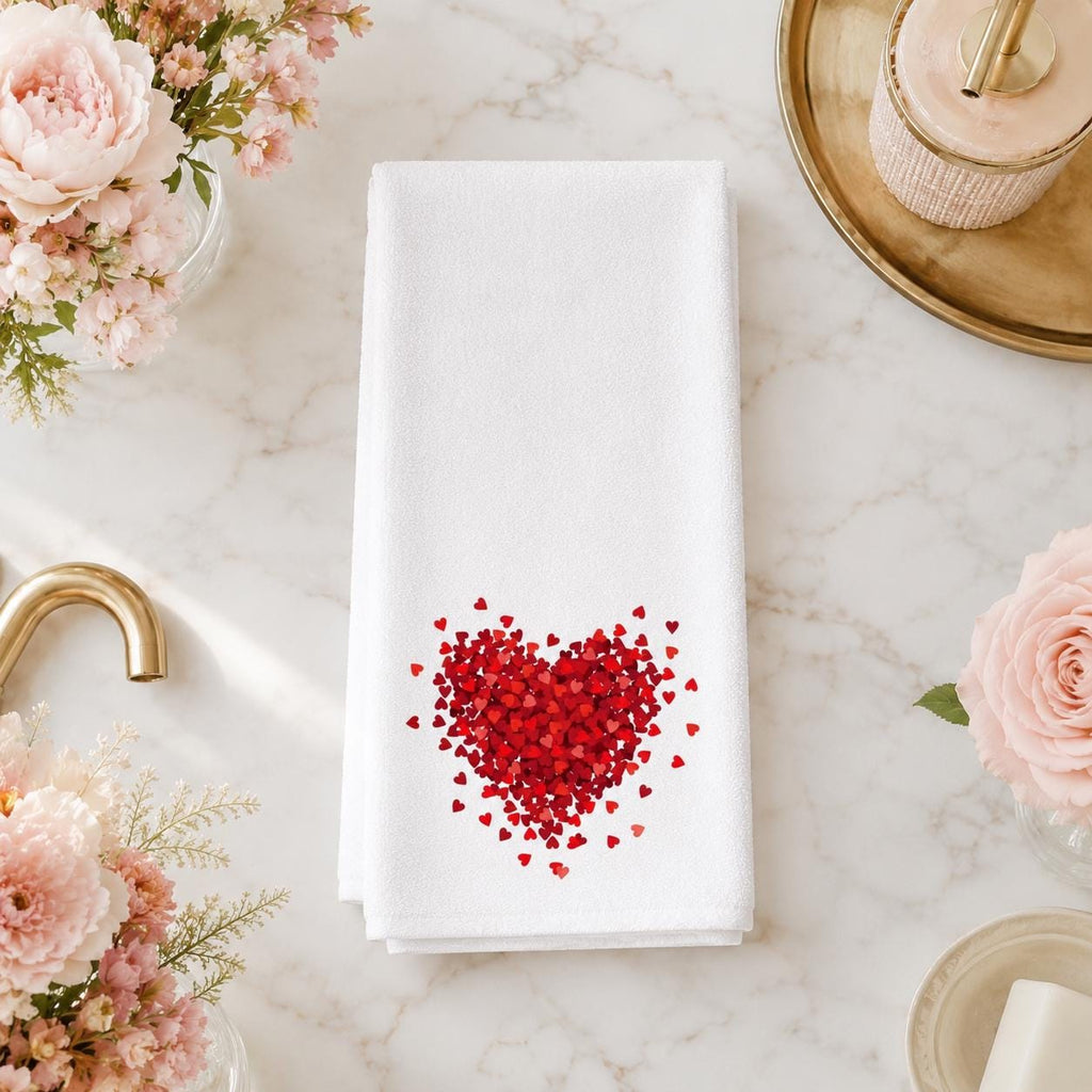 Red Heart Hand Towel, Valentine Bathroom Decor, White Romantic Accent