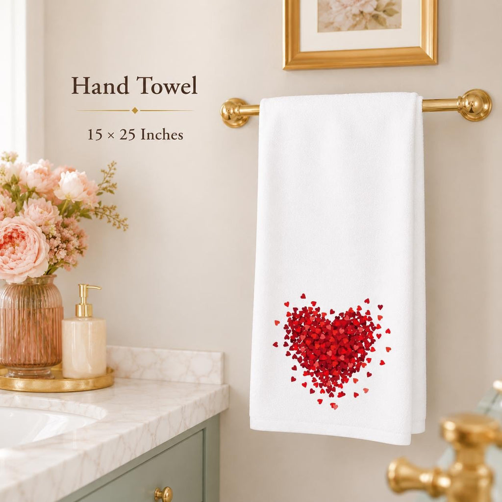 Red Heart Hand Towel, Valentine Bathroom Decor, White Romantic Accent