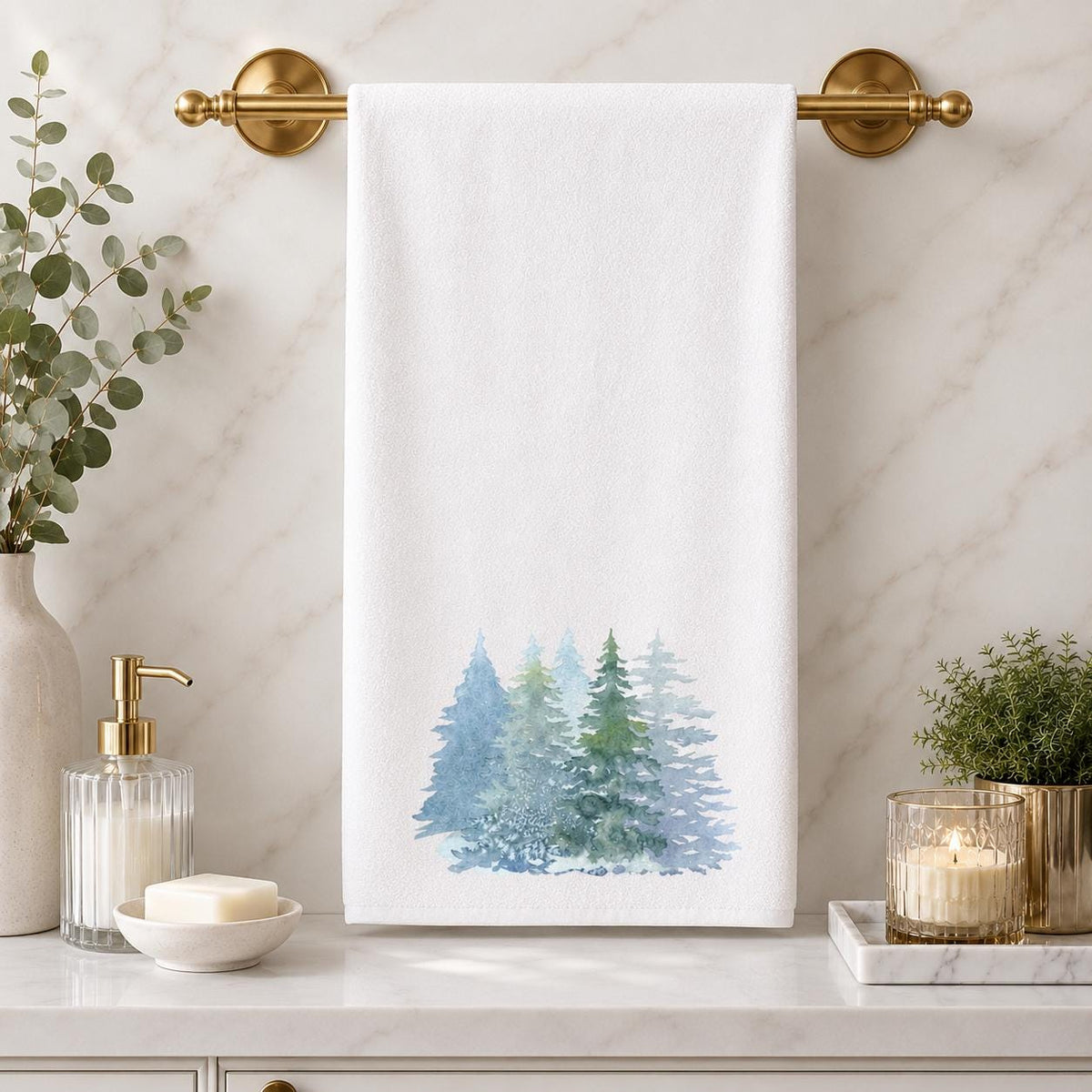 Winter Pine Hand Towel, Blue Forest Bathroom Decor, White Seasonal Accent