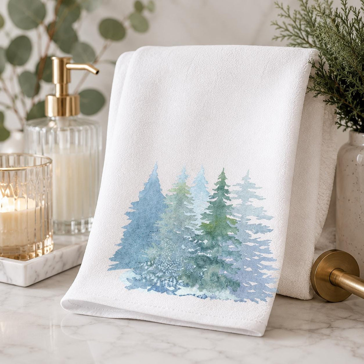 Winter Pine Hand Towel, Blue Forest Bathroom Decor, White Seasonal Accent