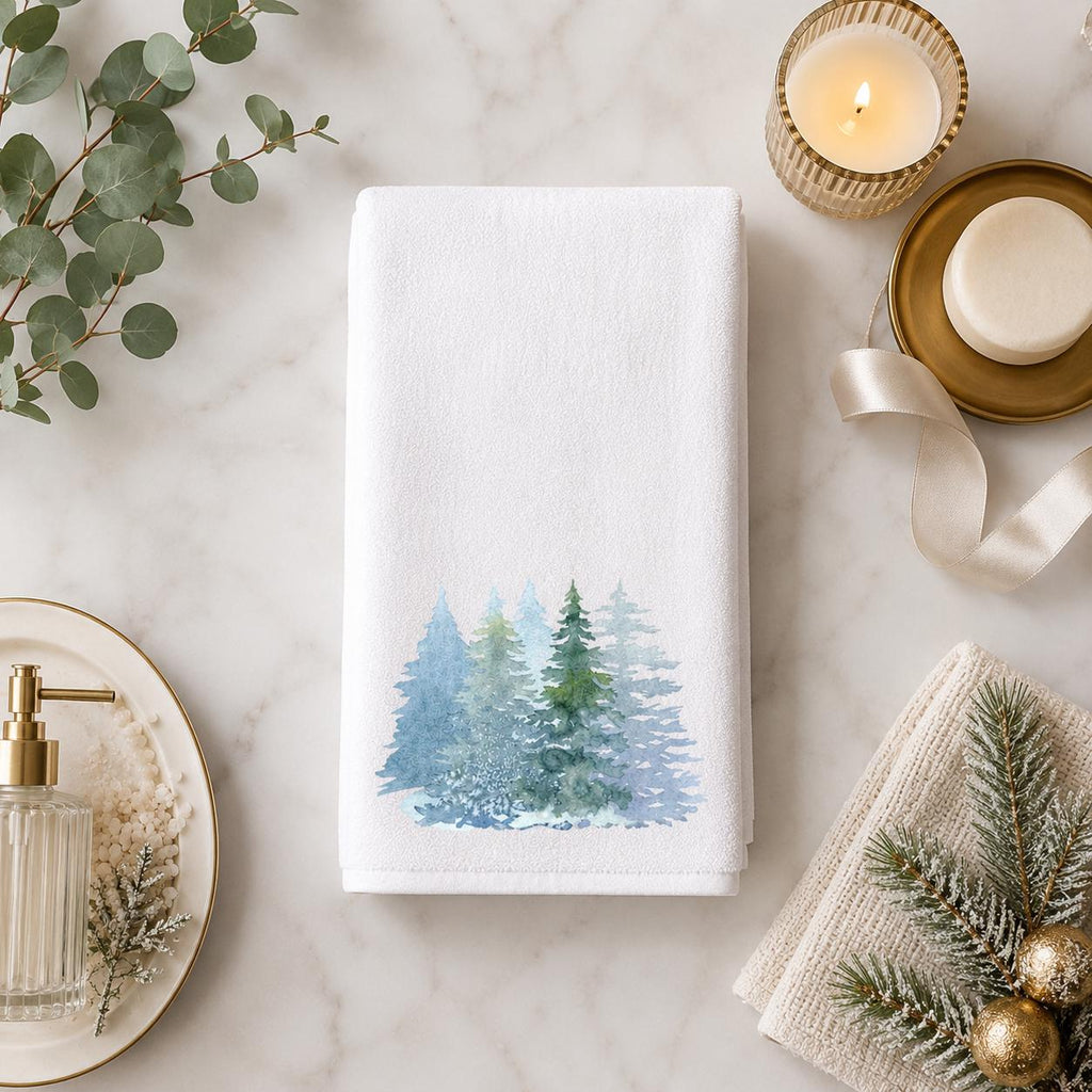Winter Pine Hand Towel, Blue Forest Bathroom Decor, White Seasonal Accent