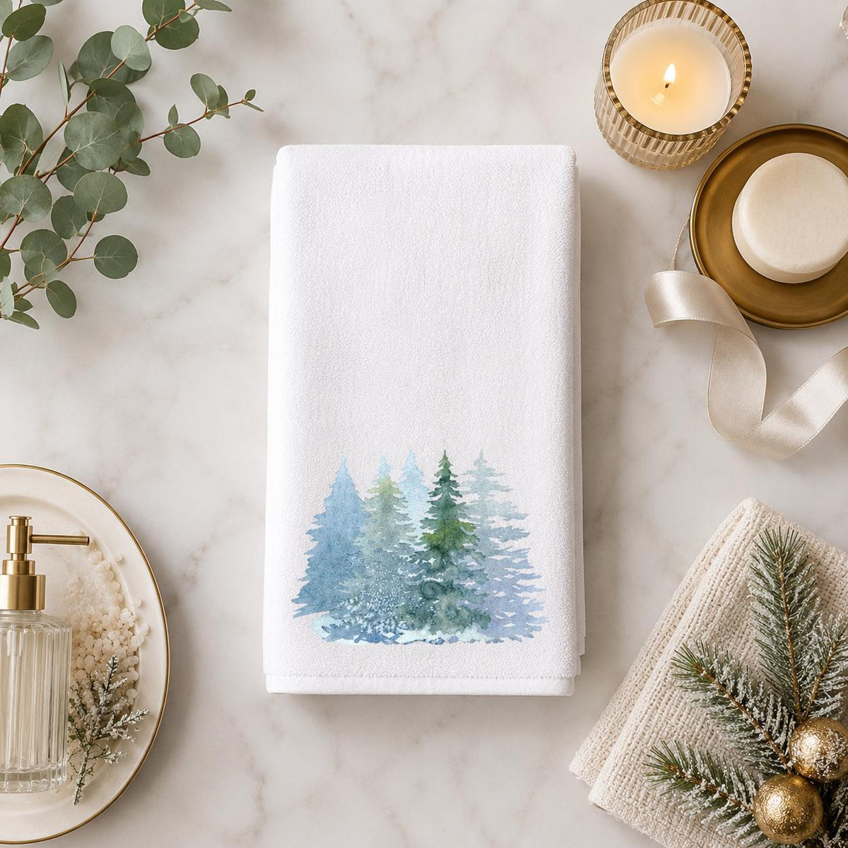 Winter Pine Hand Towel, Blue Forest Bathroom Decor, White Seasonal Accent