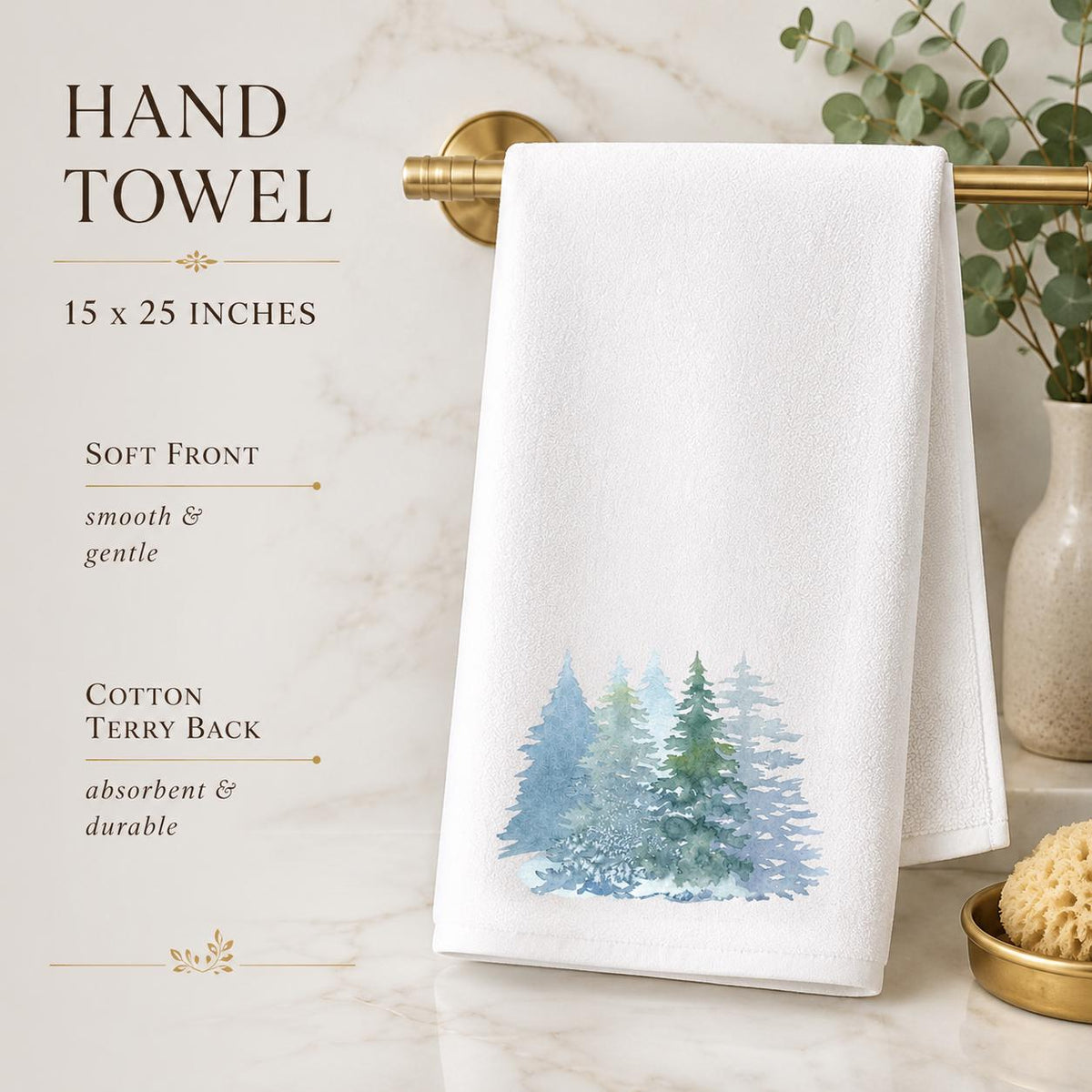 Winter Pine Hand Towel, Blue Forest Bathroom Decor, White Seasonal Accent