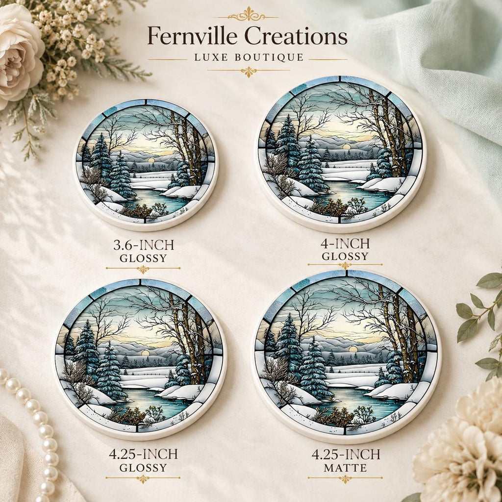 Winter Forest Ceramic Coaster, Snowy Landscape Drink Mat, Cabin Decor