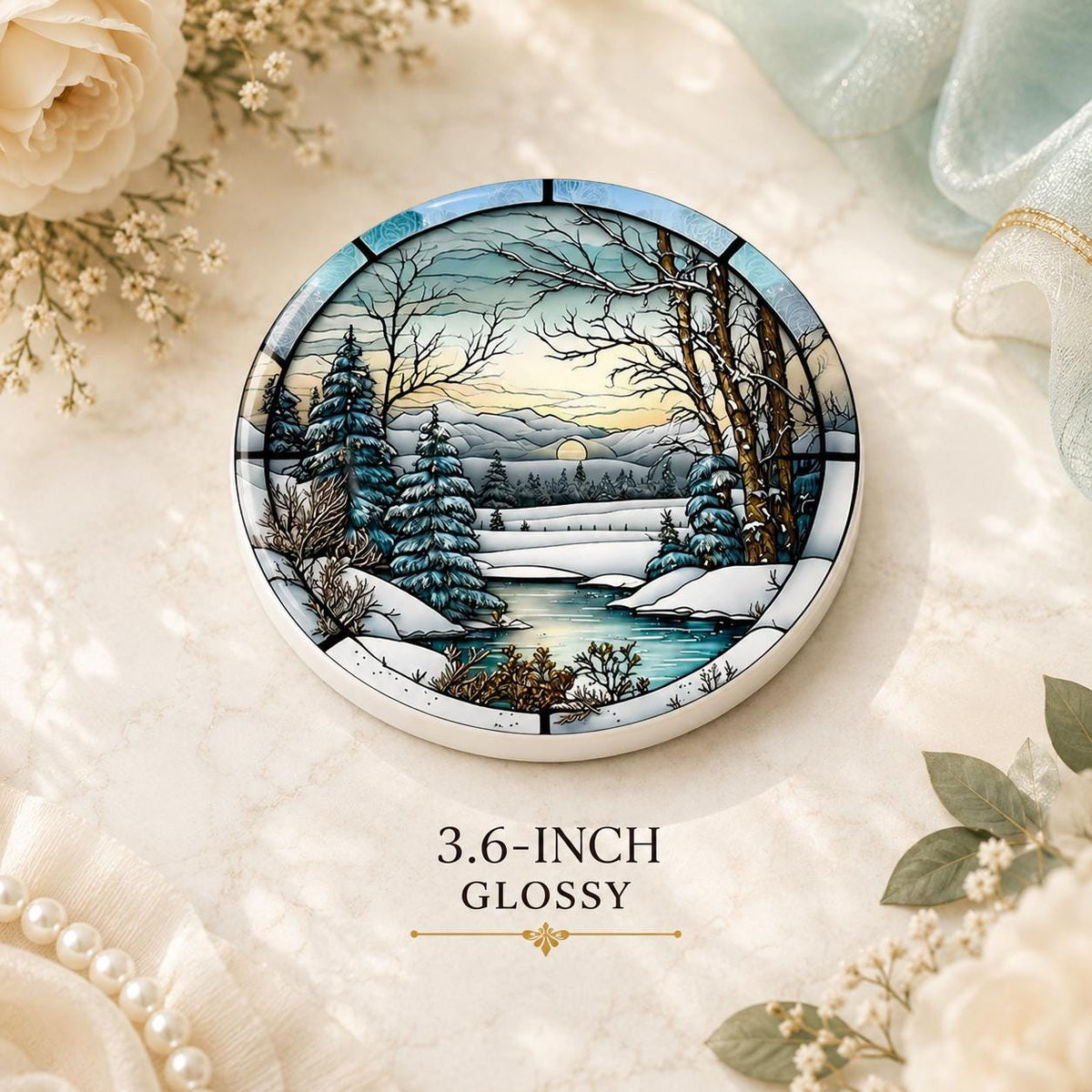 Winter Forest Ceramic Coaster, Snowy Landscape Drink Mat, Cabin Decor
