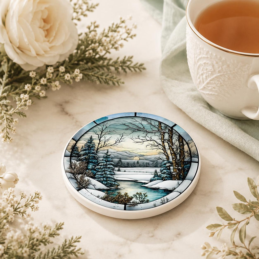 Winter Forest Ceramic Coaster, Snowy Landscape Drink Mat, Cabin Decor