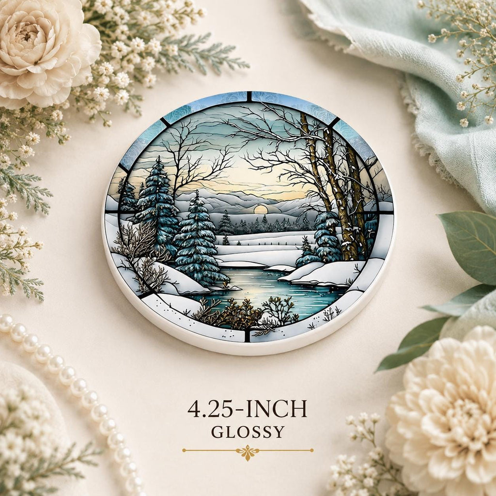 Winter Forest Ceramic Coaster, Snowy Landscape Drink Mat, Cabin Decor