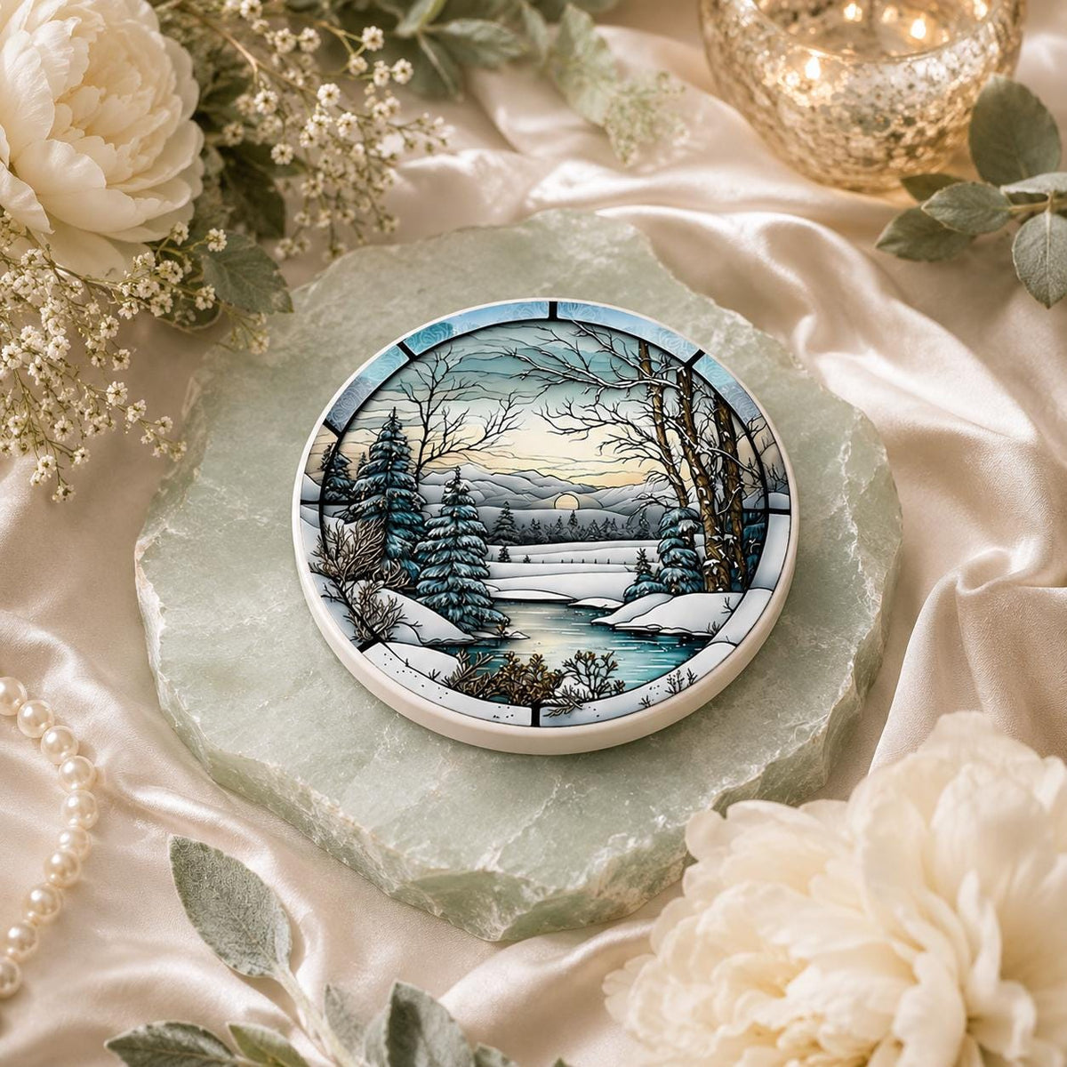 Winter Forest Ceramic Coaster, Snowy Landscape Drink Mat, Cabin Decor