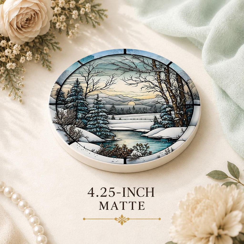 Winter Forest Ceramic Coaster, Snowy Landscape Drink Mat, Cabin Decor