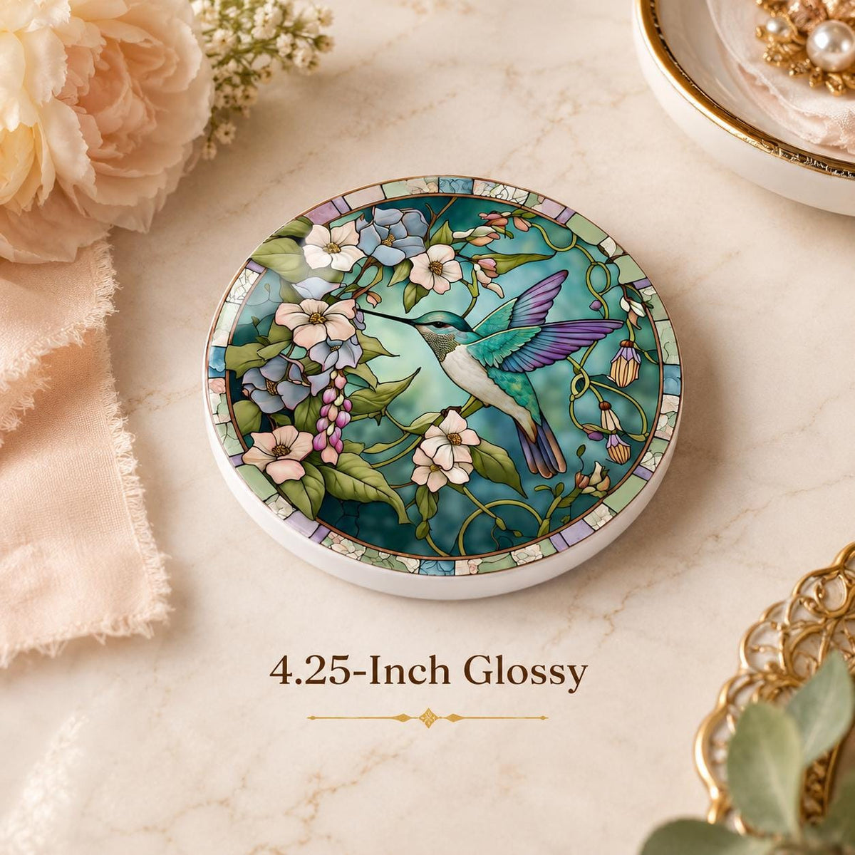 Hummingbird Floral Ceramic Coaster, Round Garden Drink Mat, Botanical Bird Decor