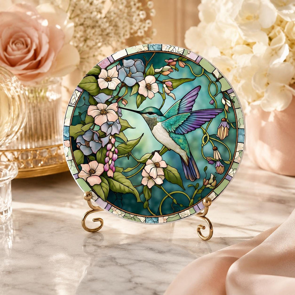 Hummingbird Floral Ceramic Coaster, Round Garden Drink Mat, Botanical Bird Decor