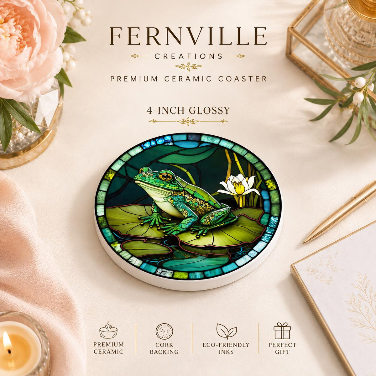 Frog Ceramic Coaster, Lily Pad Drink Mat, Garden Pond Decor