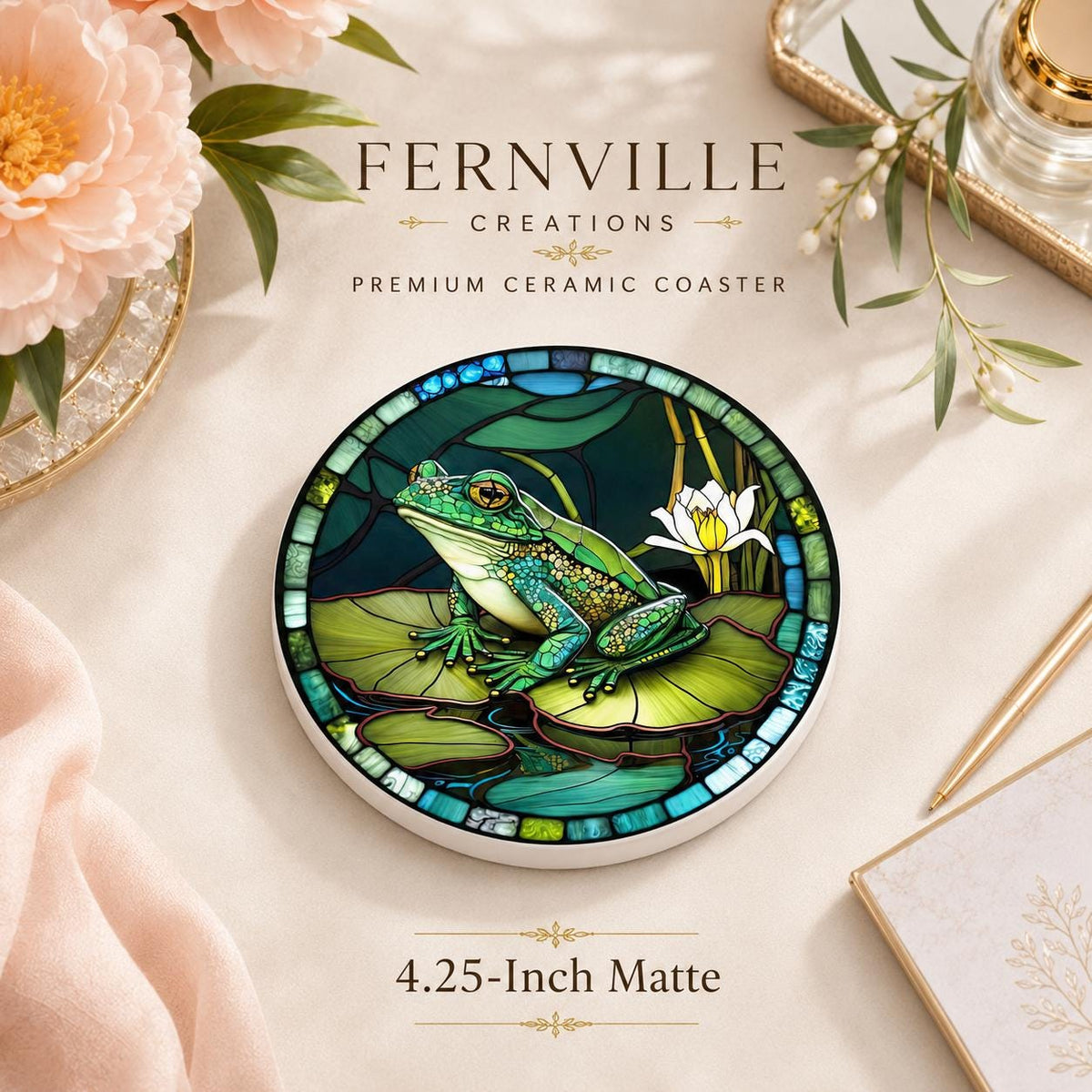 Frog Ceramic Coaster, Lily Pad Drink Mat, Garden Pond Decor