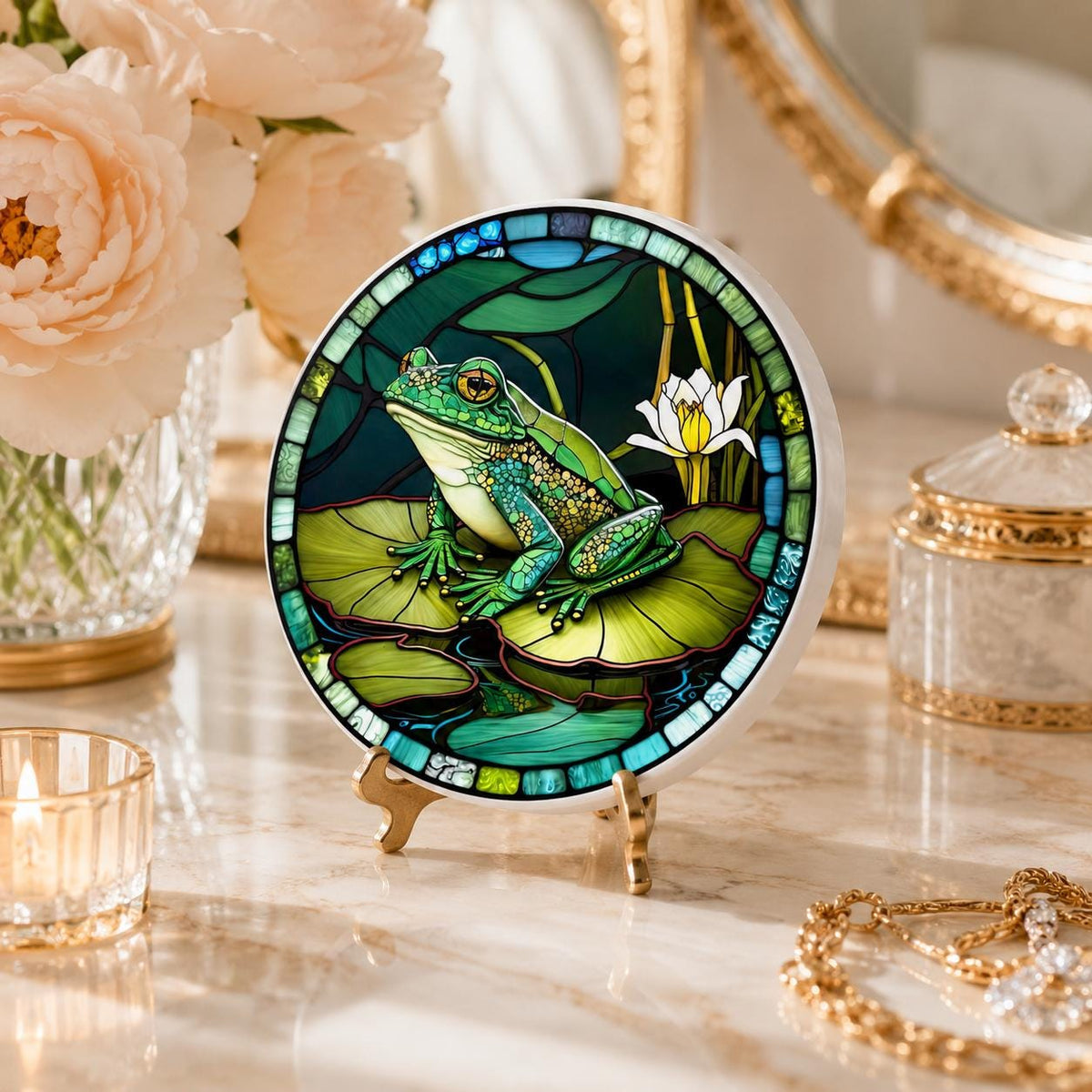 Frog Ceramic Coaster, Lily Pad Drink Mat, Garden Pond Decor