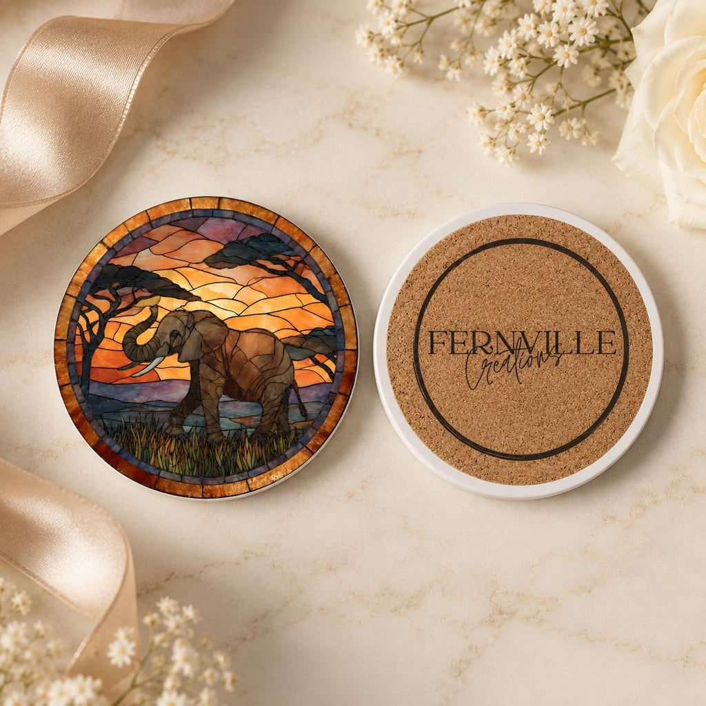 Elephant Ceramic Coaster, Safari Sunset Drink Mat, African Wildlife Table Decor