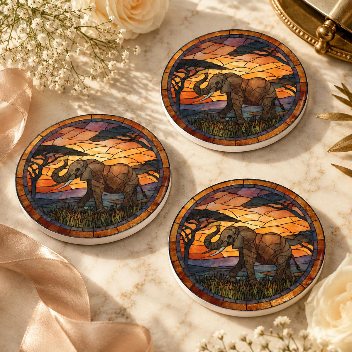 Elephant Ceramic Coaster, Safari Sunset Drink Mat, African Wildlife Table Decor