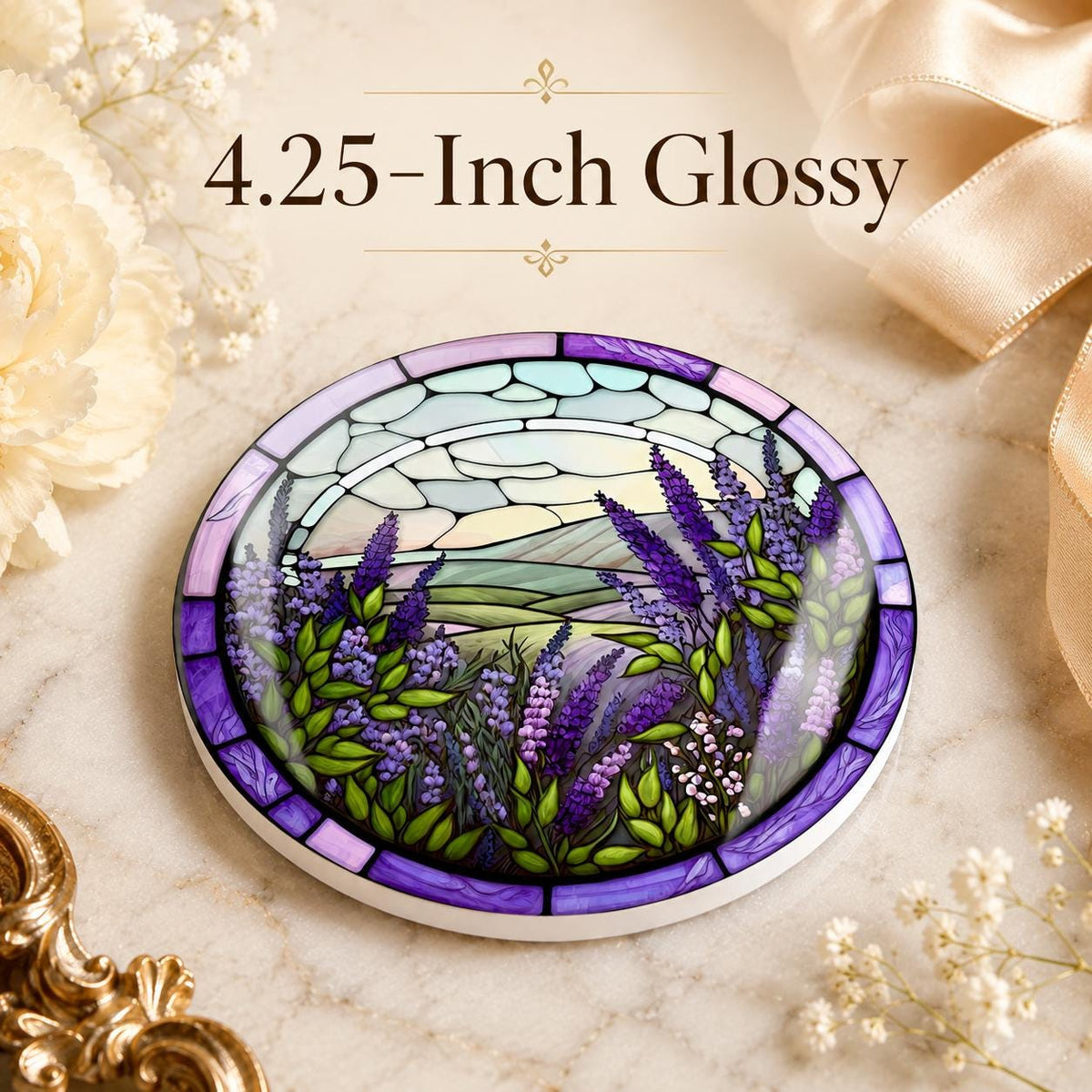 Lavender Ceramic Coaster, Purple Floral Drink Mat, Art-Glass-Inspired Garden Table Decor
