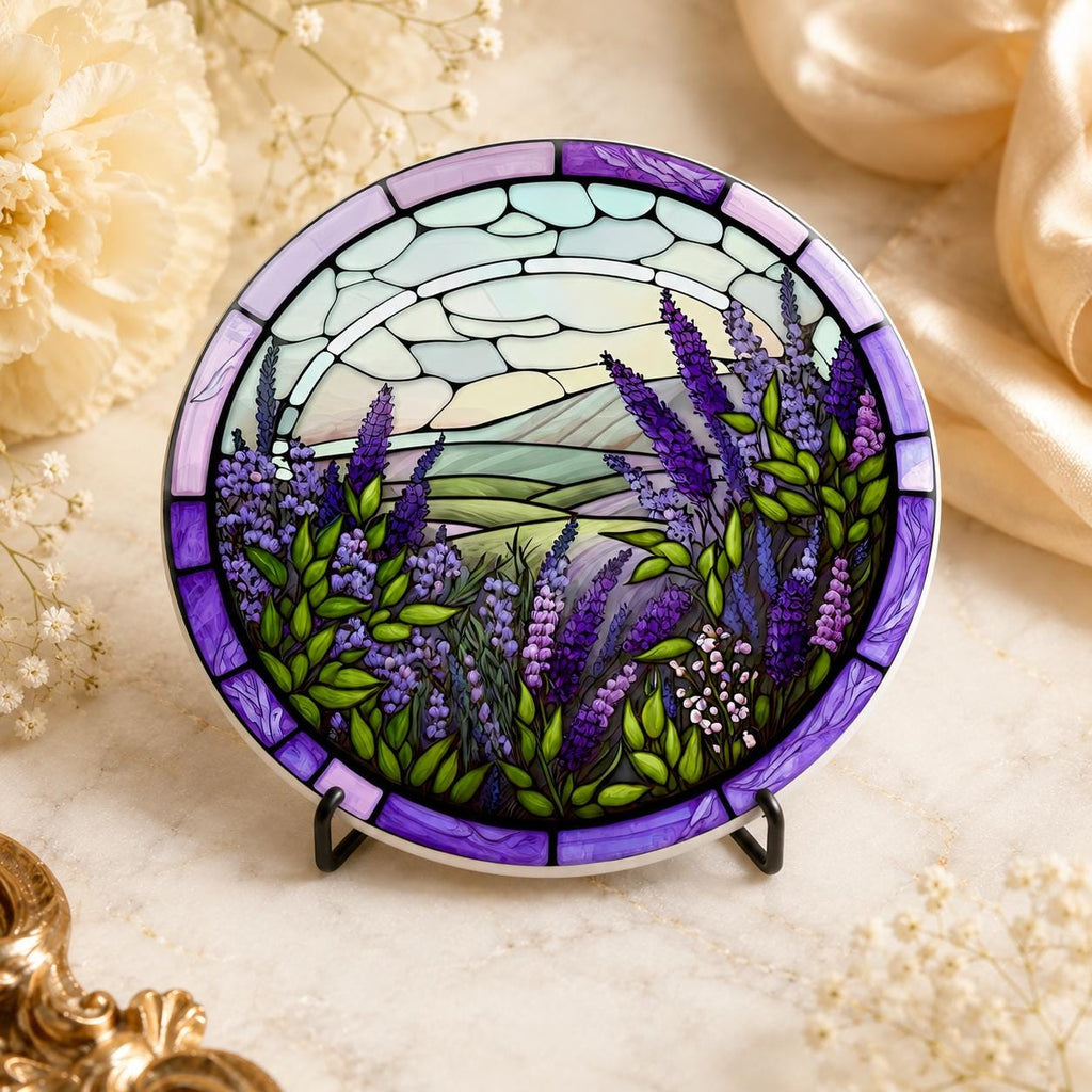 Lavender Ceramic Coaster, Purple Floral Drink Mat, Art-Glass-Inspired Garden Table Decor